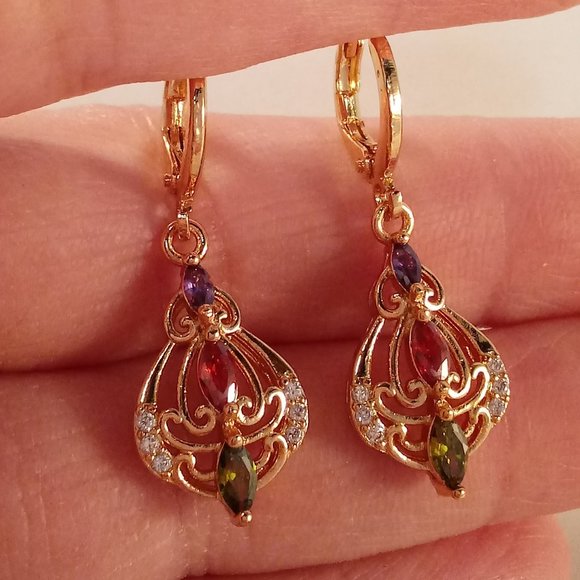 18K Yellow Gold Filled Filigree Flower Colorful Diamond Zircon Dangle Earrings - Picture 3 of 4